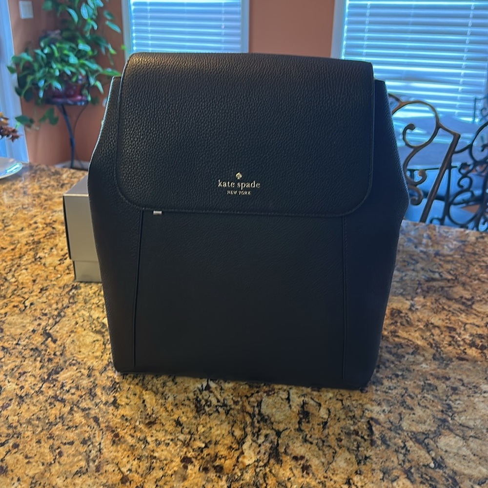 Kate Spade ❤️ Lena Black Pebbled Leather Flap Backpack NWT - Picture 2 of 16